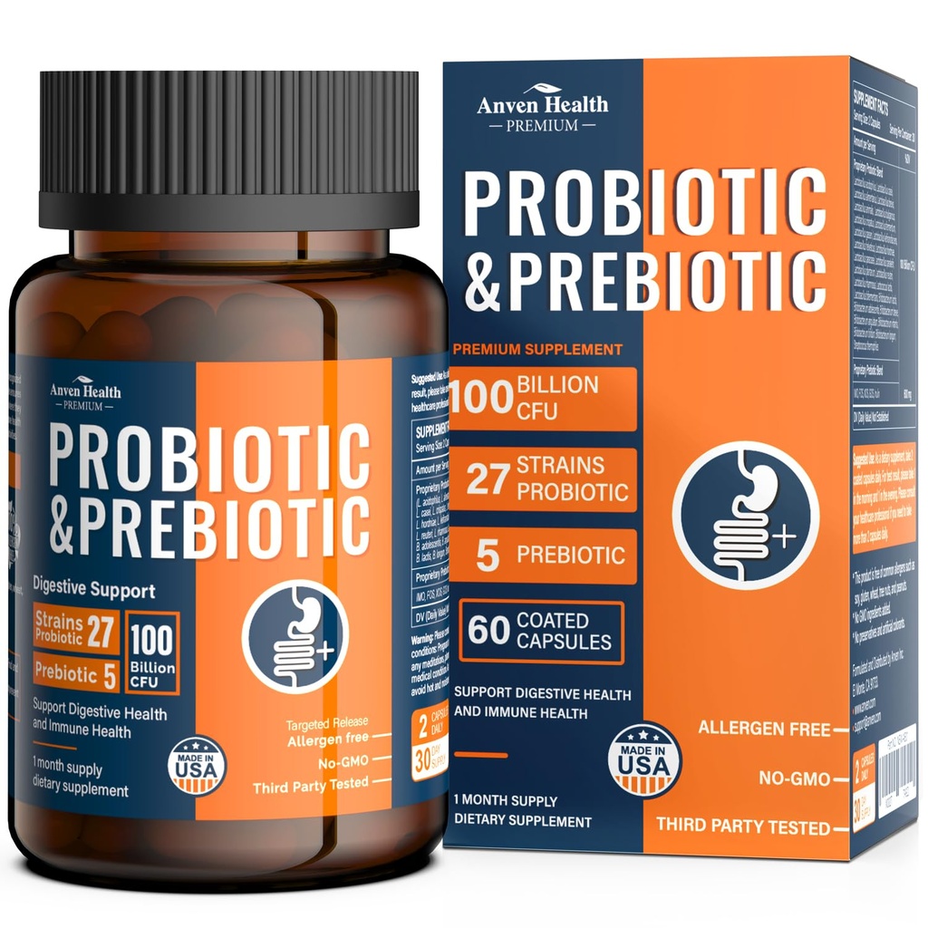 100 Miljard Probiotica voor mannen en vrouwen 27 Strains 5 Biologische Prebiotica voor Gut Digestieve & Immune Health, Ondersteunt Diarree Gas Bloating, Non-GMO, Zero Fillers Made in USA