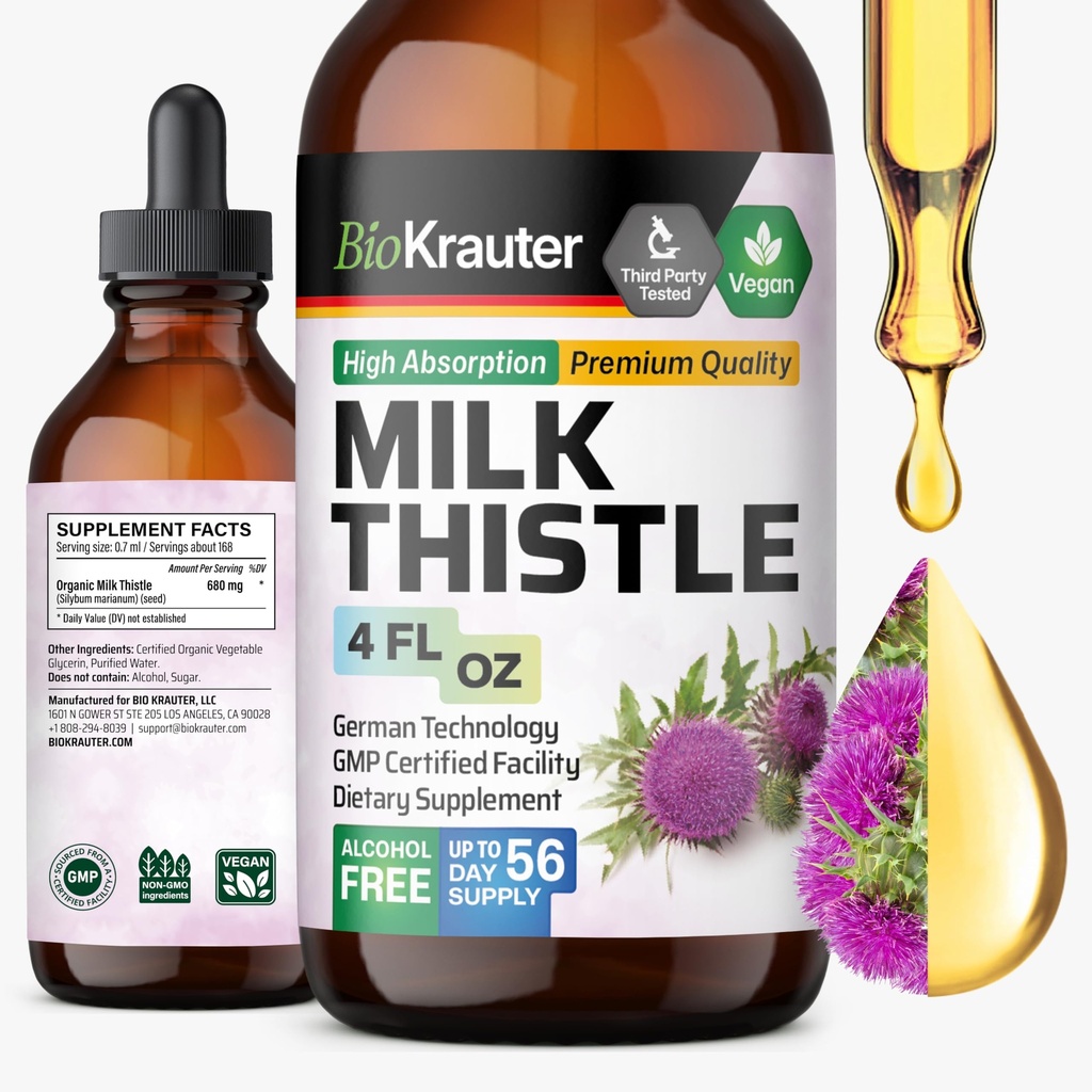BIO KRAUTER® Melkdistelsupplement voor leverreiniging & detox - Liquid Milk Thistle Extract Сontains Silymarin for Digestive Support 4 Fl.Oz - Alcohol & Sugar Free, 56 dagen van levering