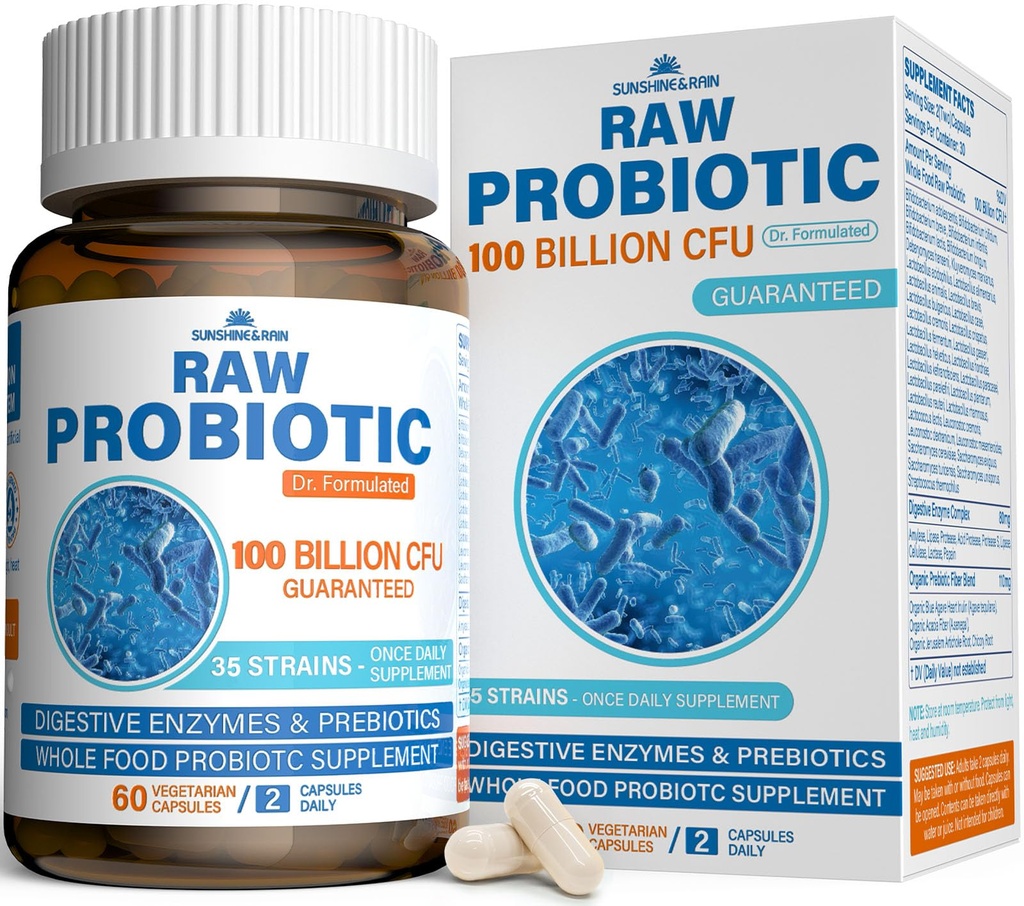 Rauwe probiotica voor vrouwen en mannen - 100 miljard CFU, 35 strains, biologische prebiotica en natuurlijke digestieve enzymen voor spijsverterings-, darm- en immuungezondheid - zuivel-, soja- en glutenvrij, niet-GMO, 60 Vegan Capsules