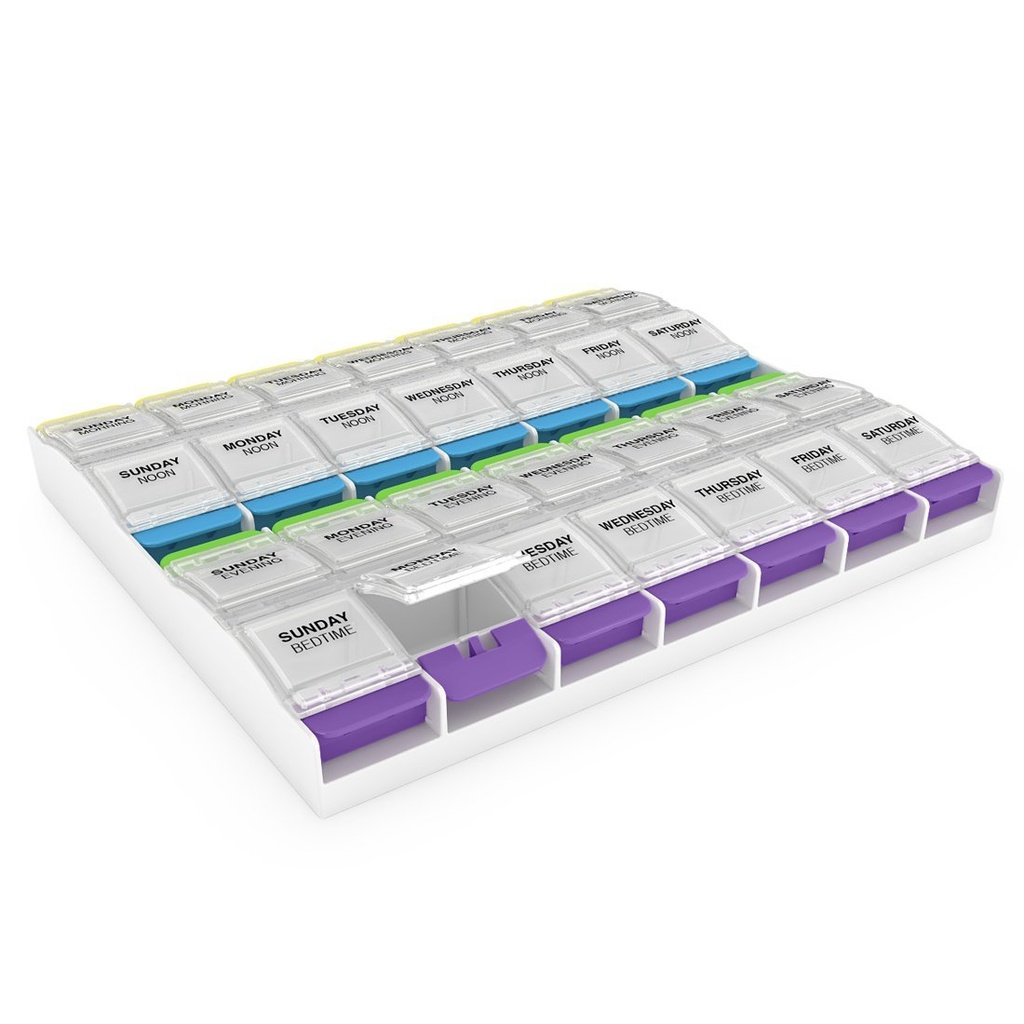 EZY DOSE Weekly (7 dagen) Pillen Organisator, Vitamine Container, en Daily Medicine Planner, 2X-Large Push Button Compartments, Artritis Vriendelijk, Makkelijk te gebruiken, 4 keer per dag, Clear Lids, BPA gratis
