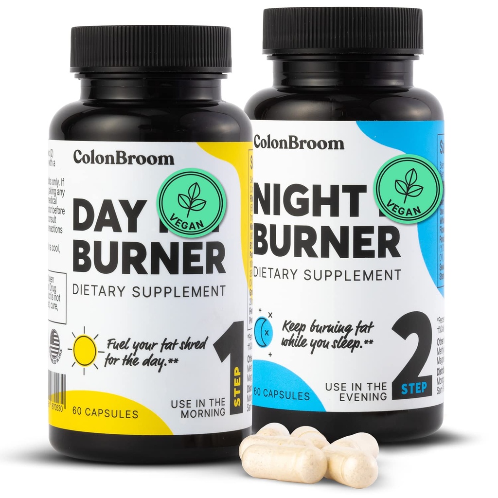 ColonBroom Day & Night Burner Supplementen, pillen voor vrouwen/mannen met Inuline, L-carnitine, Co-enzym Q 10, Grain of Paradise and More, Colon Broom 60 Vegan Capsules per Container