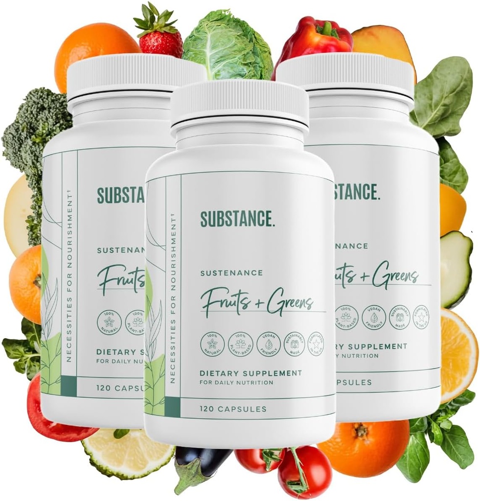 3-pck Nature's Sustenance Daily Greens, Daily Fruit and Veggies Supplement - Verbeter energie, geestelijke helderheid - Fruit en groenten supplementen - US Made, Vegan-Friendly - 90 Servings.