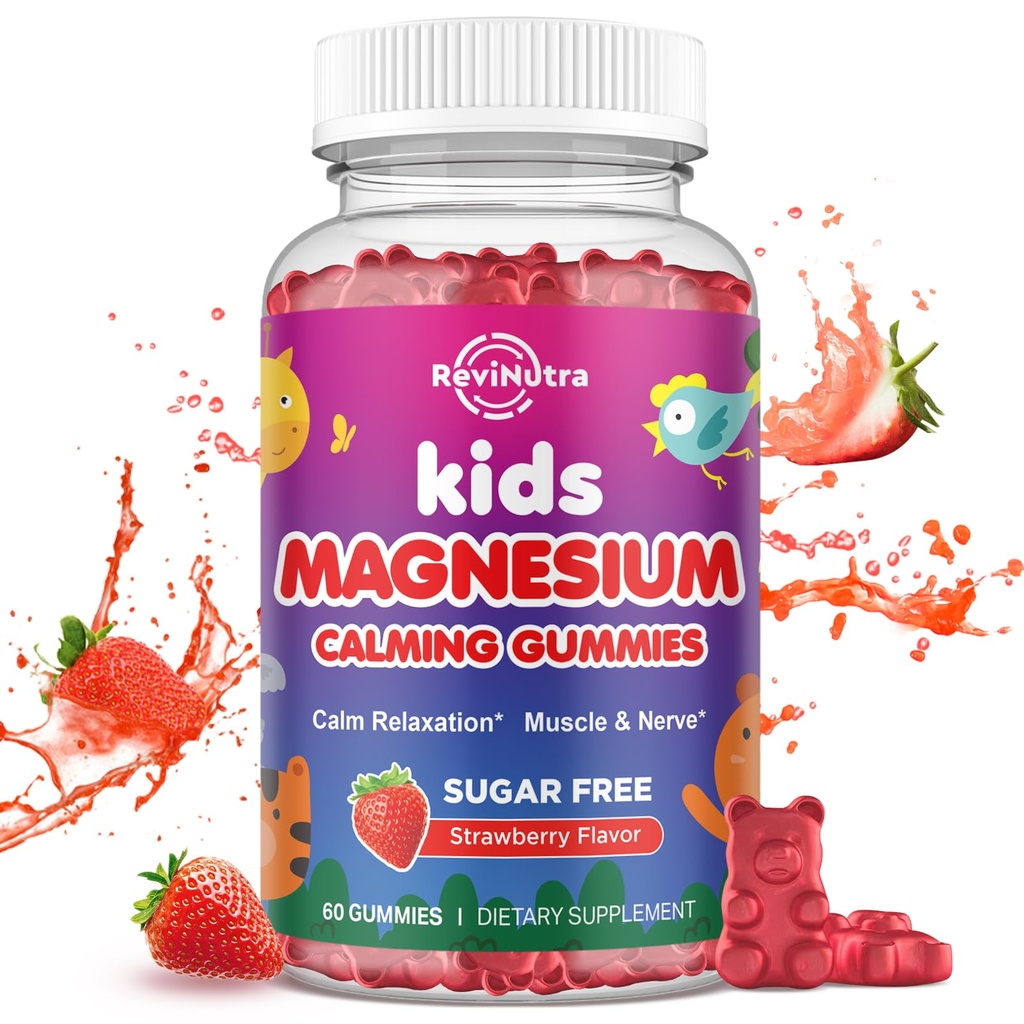 Magnesium Gummies for Kids - Magnesium Glycinate Gummies with L-Theanine, kamille, vitamine B6, D for Kids & Adults Sleep, Stress, Muscle Relief & Nerve Bone - Sugar Free Strawberry 60ct