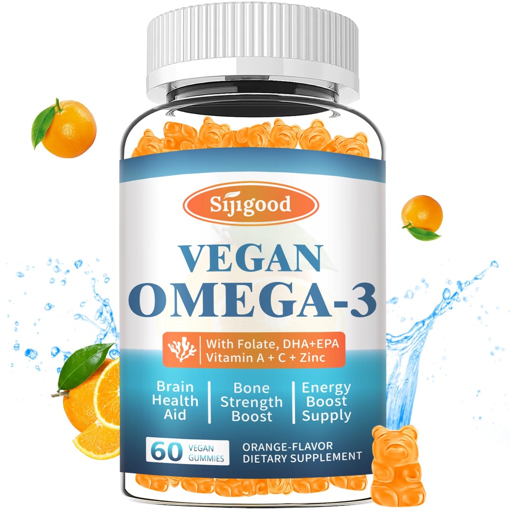 Omega-3 Gummies Pottent Algen Omega Bron, Boost Brain, Eye & Immune Functie, met DHA en EPA Vegan & Sugar Free, Orange Flavor, 60 Tel.
