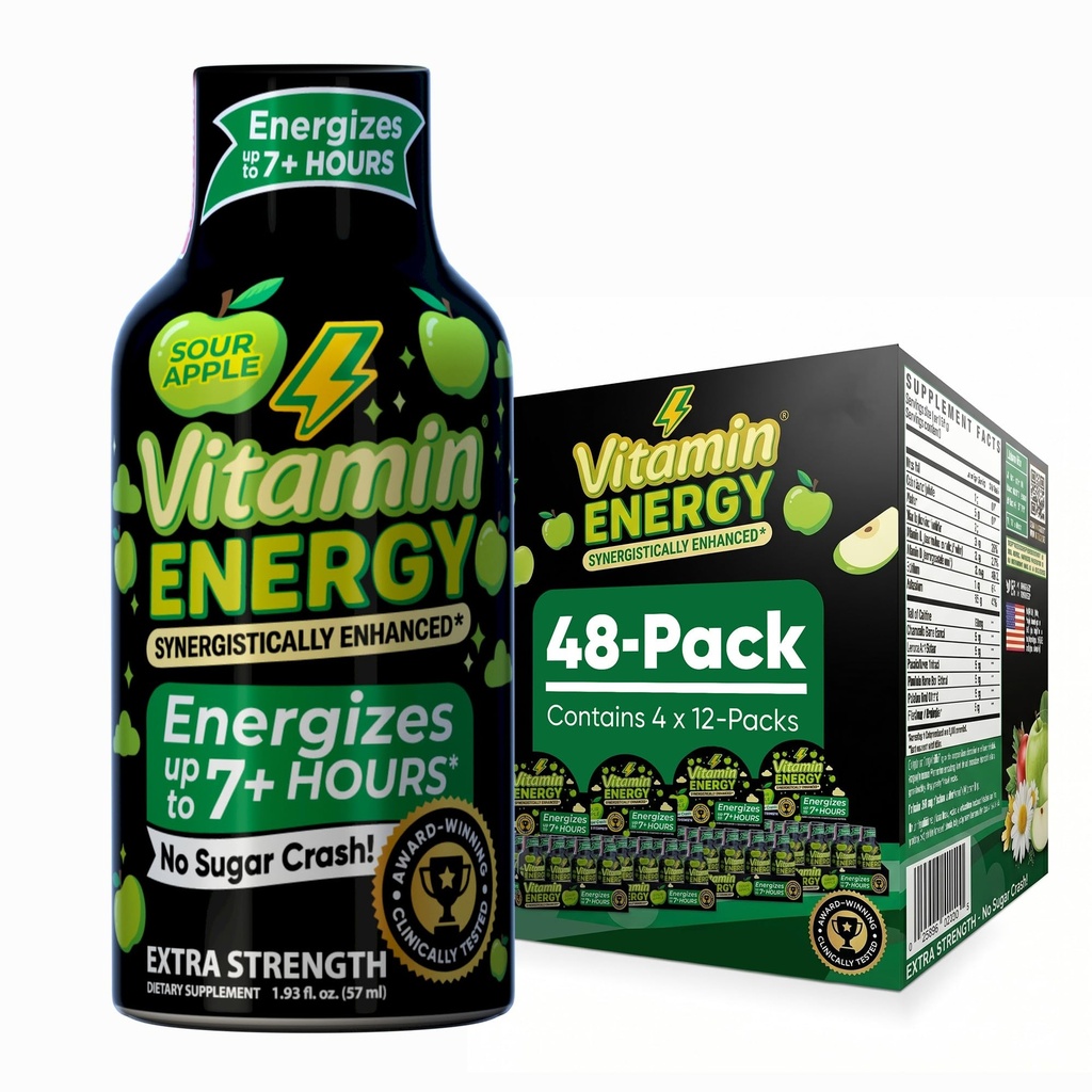 Vitamine Energy Workout+ Extra Strength Energy Shot Sour Apple 48 Pack, 260mg Caféine naturelle, Pré-entraînement, B-Vitamines, Minéraux, Endurance et Performance, Zéro Sucre, Sans gluten, Vegan, 1.93 fl oz