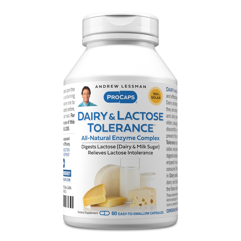 ANDREW LESSMAN Zuivel- en Lactosetolerantie 60 Capsules - Verbetert de natuurlijke vertering van zuivel en Lactose. Lichte, krachtige, natuurlijke enzymen helpen voorkomen dat GI ongemakken in spijsvertering. Geen additieven
