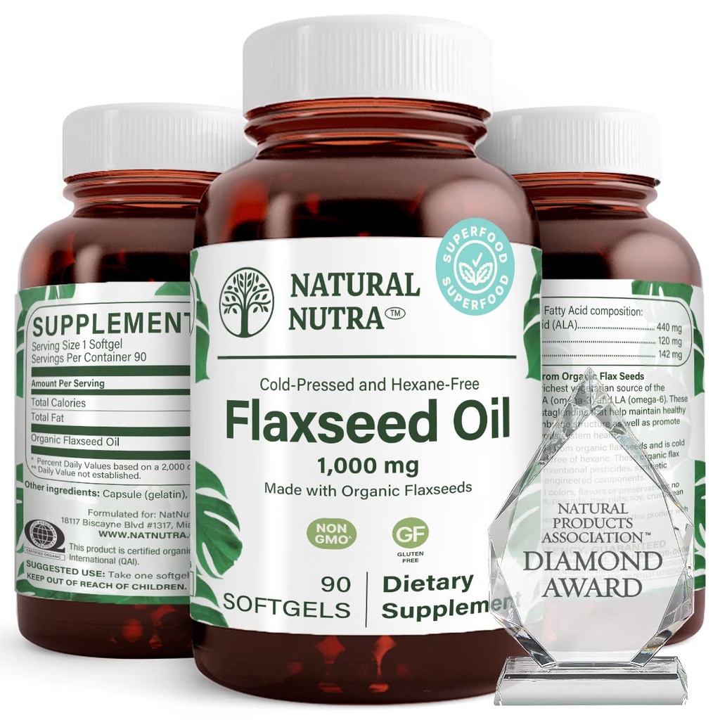 Natuurlijke Nutra biologische Vlaszaadolie Softgels, bevordert haargroei, helpt bij gewichtsverlies, helpt Boost Immune System, bevordert gezonde zenuwstelsel & haargroei, Omega 3 6 9, 1000 mg, 90 Softgels