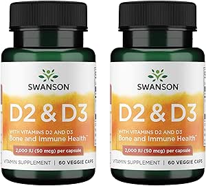 Swanson Vitamin D Complex with Vitamins D2 & D3 - Complete Sunshine Vitamin Complex for Bone, Dental & Immune Health - Vitamin Supplement (50 mcg, 60 Veggie Capsules) (2 Pack)
