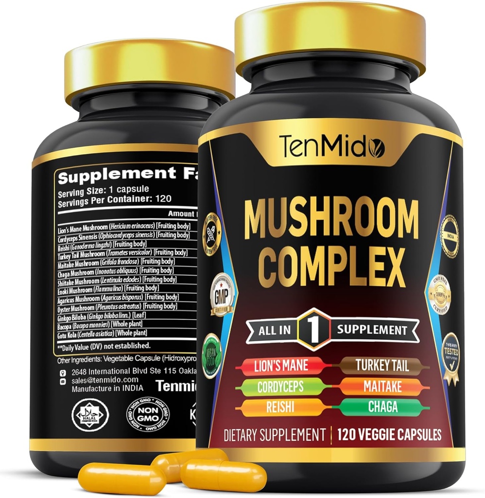Mushroom Complex Supplement - 13in1 Formula - Blend Lion's Mane Paddestoel, Cordyceps Sinensis, Reishi, Turkije Tail, Maitake, Chaga, Shiitake, Enoki, & meer - 120 Capsules gedurende 4 Maanden Het aanbod