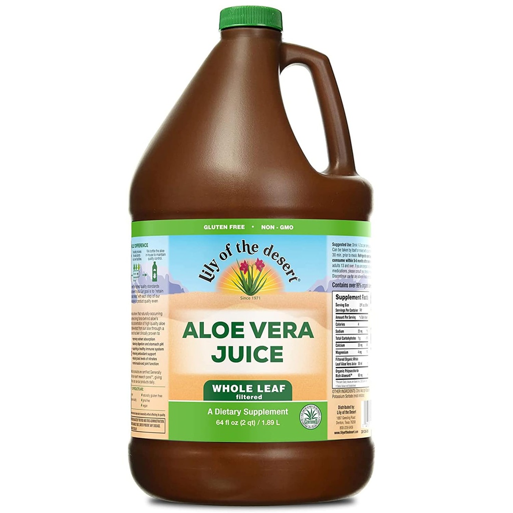 Lys Of The Desert Aloe Vera Juice - Boissons d'aloe Vera filtrées à feuilles entières, Jus d'aloe non OGM avec enzymes digestives naturelles pour la santé Gut, Soulagement de l'estomac, Bien-être, Peau Glowing, 64 Fl Oz