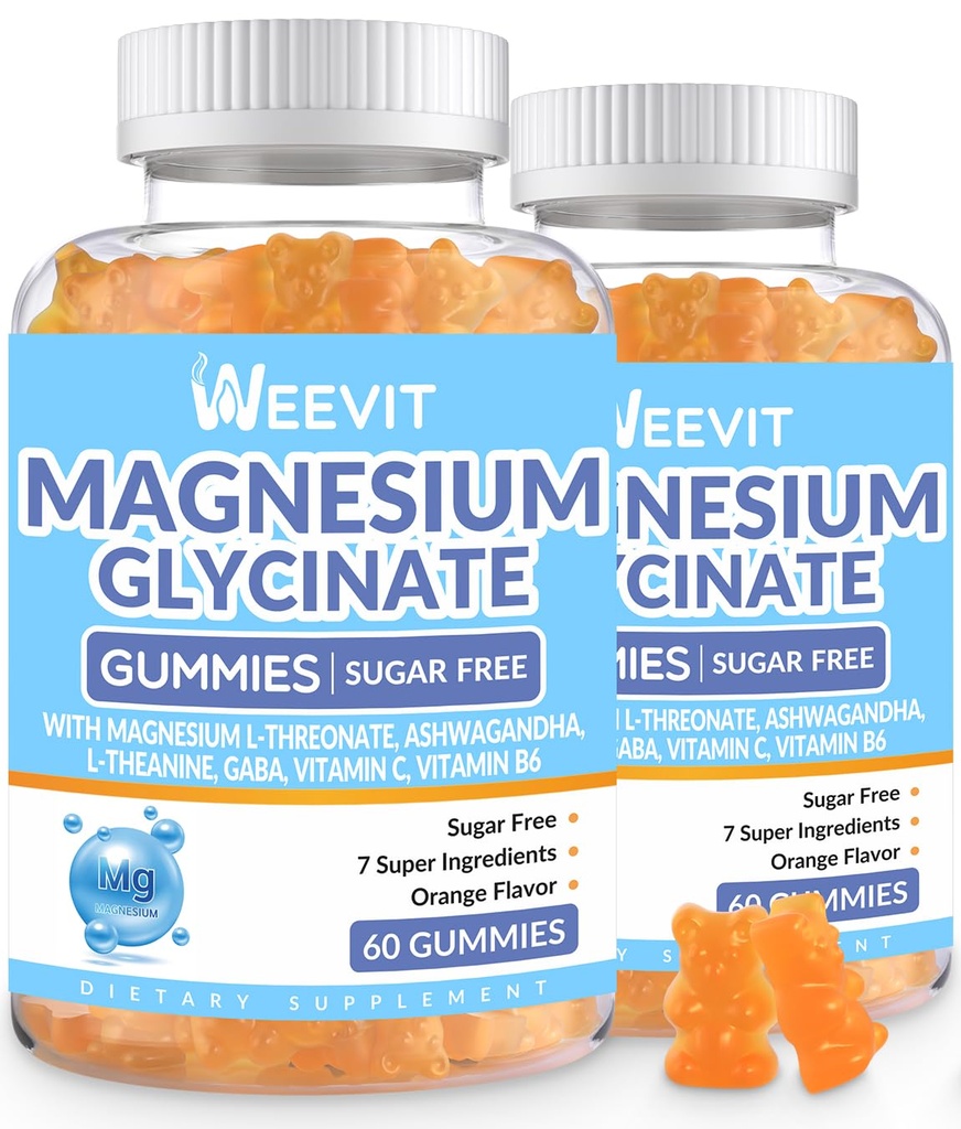 Suikervrije Magnesium Glycinate Gummies met L-Threonaat, Magnesium Supplementen voor vrouwen en mannen met Ashwagandha, L-Theanine, GABA, Vitamine C, B6