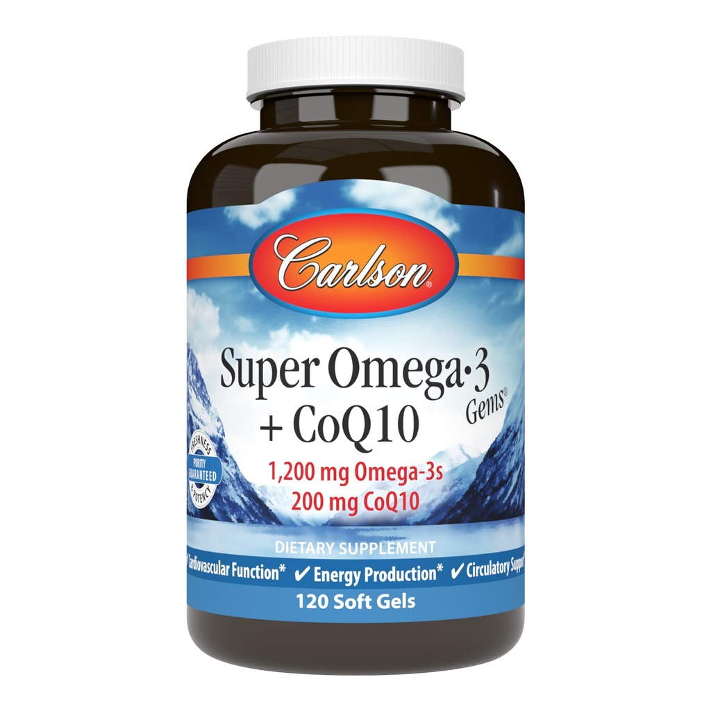 Carlson - Super Omega-3 Gems + CoQ10, 1200 mg Omega-3s 200 mg CoQ10, Circulatiefunctie, Energieproductie en Circulatoire Ondersteuning, 120 Softgels