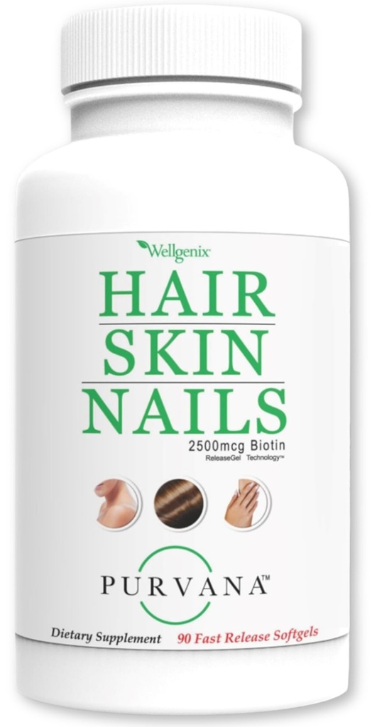 Wellgenix Purvana Cheveux, peau et ongles - Un softgel par jour - 2500mcg Biotin, DMAE, MSM, Cavalier, Extrait de graines de raisin - Anti-vieillissement, PCOS et croissance des cheveux postpartum, ongles forts (90 comte)