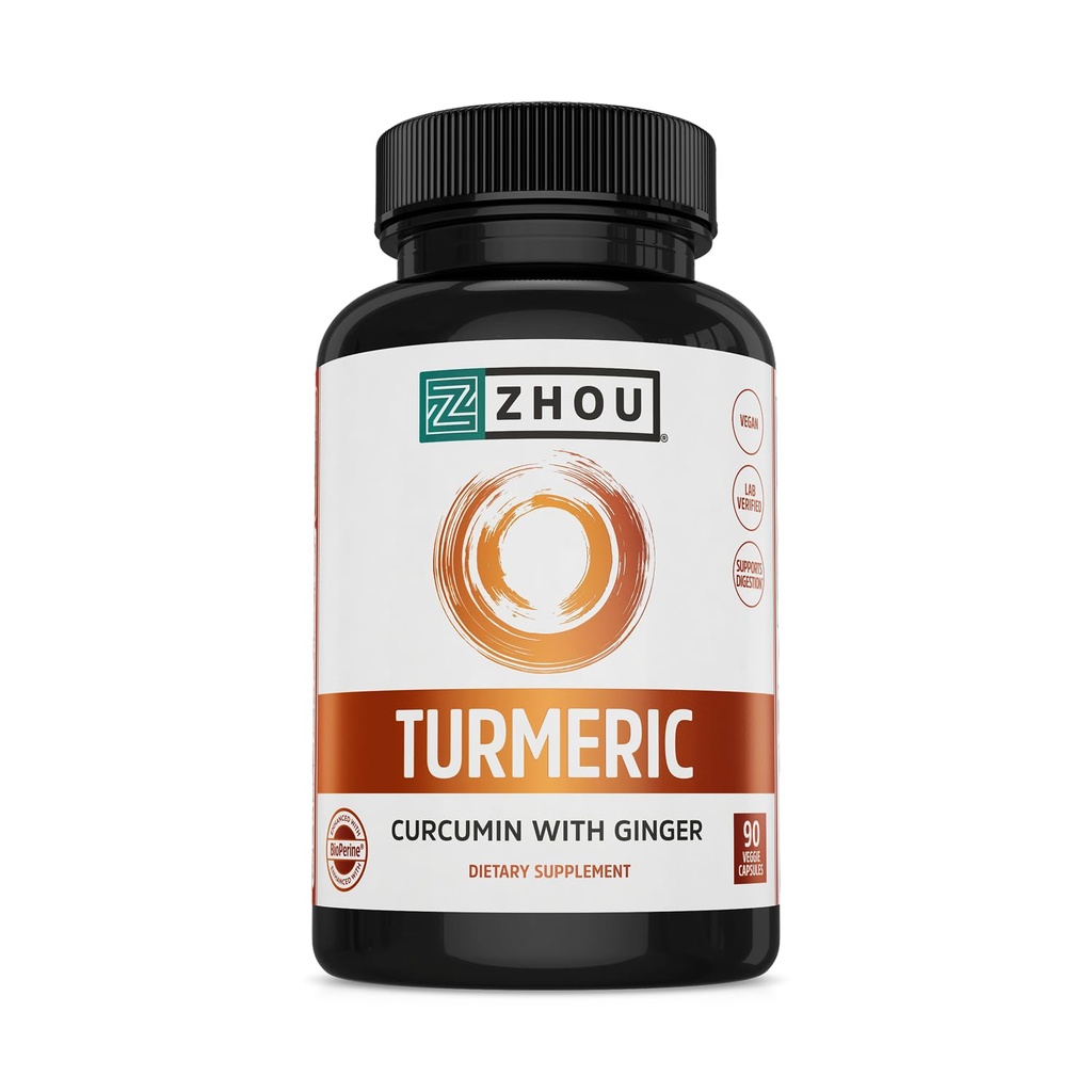 Zhou Kurkuma Curcumin met gember - Kurkuma en gember supplement voor vrouwen en mannen, Curcumaïden met zwarte peper Extract voor spijsvertering en spijsvertering gezondheid - 90 Veggie Capsules