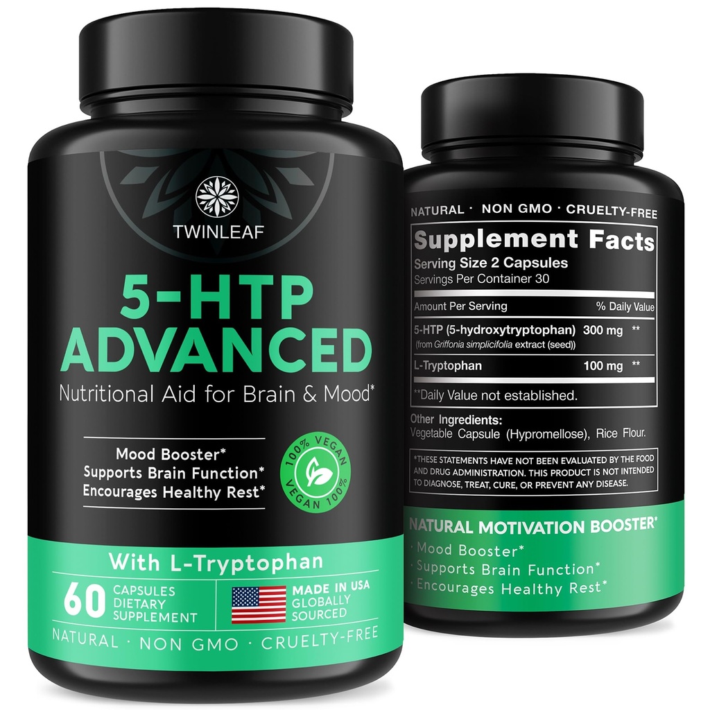 TWINLEAF 5 HTP Supplément pour le soutien de l'humeur - Fabriqué aux États-Unis - Natural 5-HTP & L-tryptophane Capsules - 5-HTP Booster pour les hommes et les femmes - Proprietary Formula for Mood and Relaxation - 60 Capsules Vegan