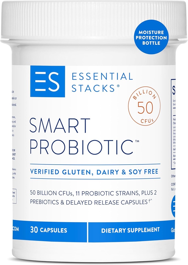 Essentiële Stacks Smart Probiotic - 50 Miljard CFUs, 11 Probiotische Strains, 2 Prebiotica, Vertraagde Release Capsules - Een Dagelijkse Probiotische Prebiotic For Women & Men (30 Capsules)