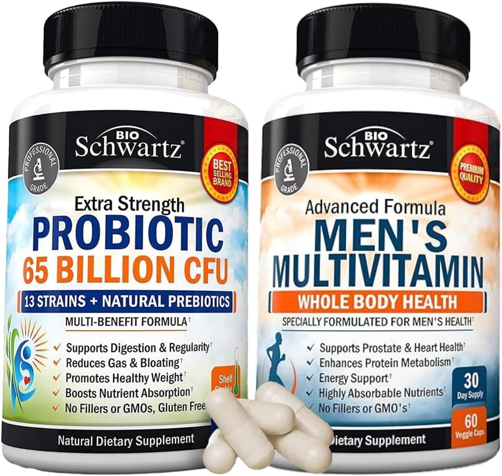 Geavanceerde dagelijkse mannen multivitamine met vitamine C A B D3 E en zink (1 maand levering) Plus 65 miljard CFU dagelijkse probiotische supplement (1 maand levering)