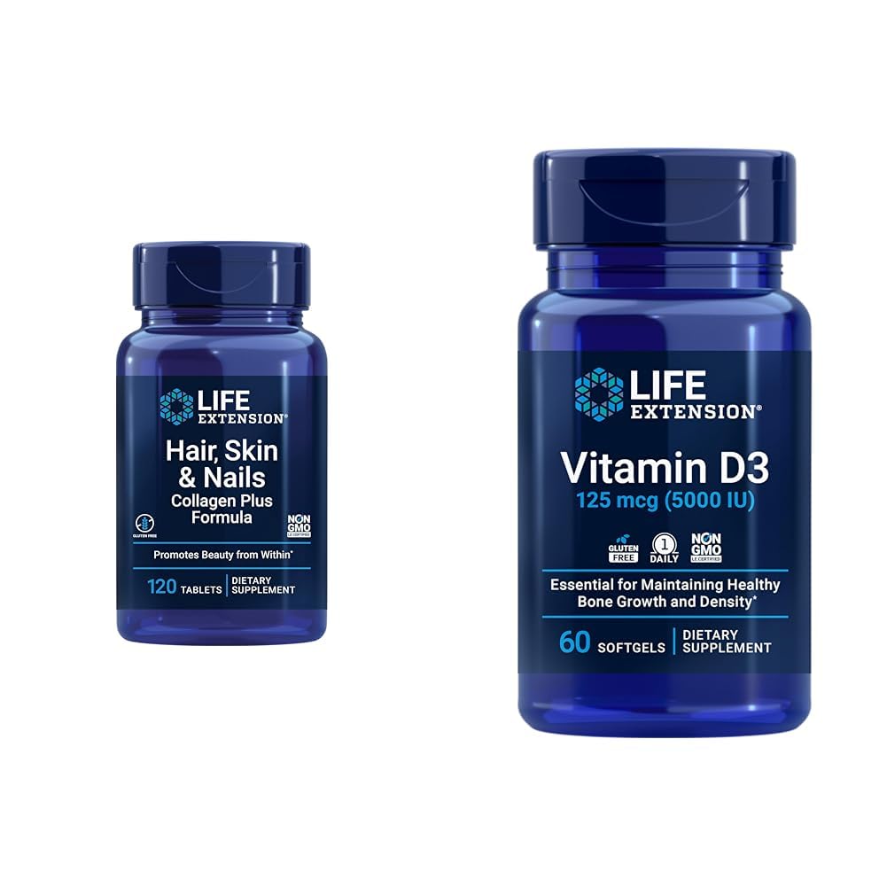 Life Extension Hair, Skin & Nails Collageen Plus Formula with Vitamin D3 5000 IE - Promoot Collageen, Keratine, Bone, Hersen, Immune & Nail Health - 120 Count & 60 Softgels