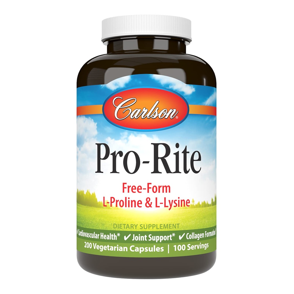 Carlson - Pro-Rite, Free-Form L-Proline & L-Lysine, Health, Joint Support & Collageen Formation, 200 capsules