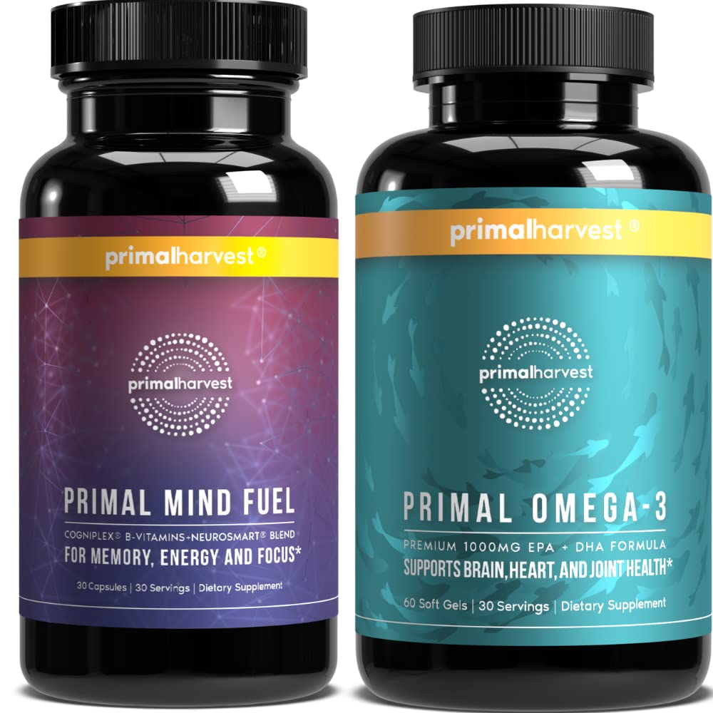 Primal Oogst Mind Brandstof & Omega 3 Supplementen voor vrouwen en mannen Visolie Capsules en Mind Fuel Booster Pillen bundel