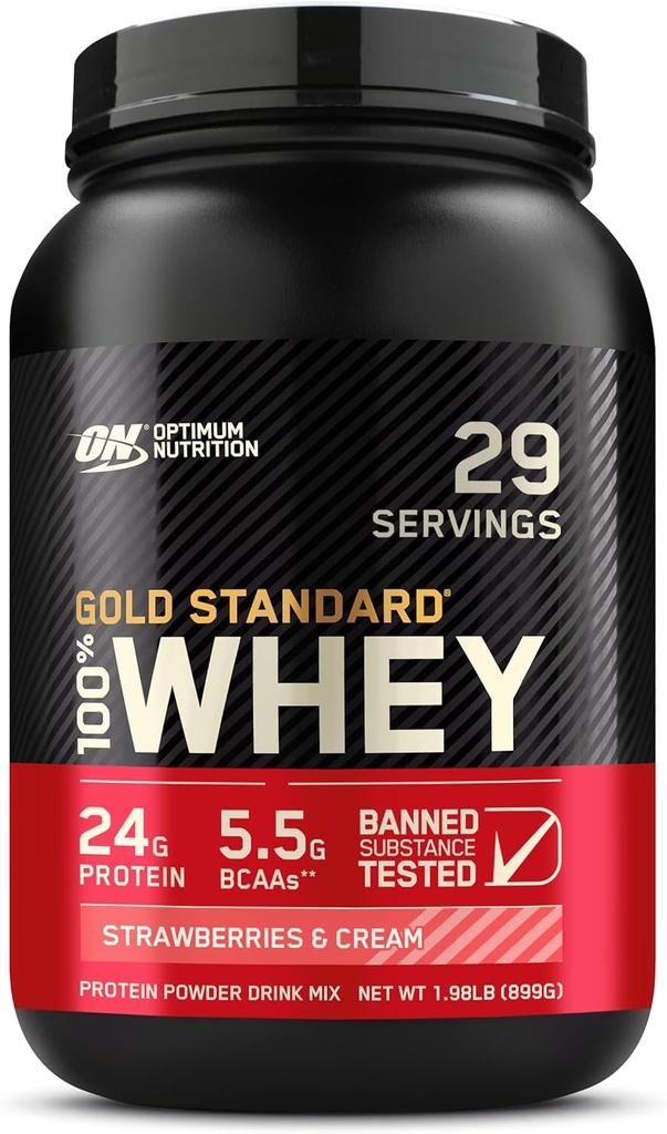 Optimum Nutrition Or Standard 100% Whey Protéines poudre, fraises et crème, 2 livres (emballage mai Vary)