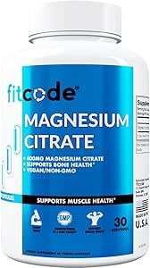 Fitcode Capsules de Citrate de Magnésium 400mg - Supplément de Magnésium pour la santé musculaire et osseuse avec Citrate de Magnésium pur pour la relaxation musculaire et la force osseuse - 60 Capsules de Magnésium pour la santé cardiaque
