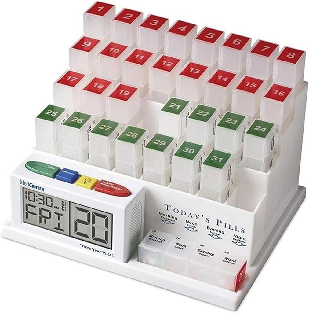 Medcenter Monthly Pill Organizer System 4 keer per dag, 31 dagen pil Organizer Box met spreken Alarm Herinnering Systeem, Maandelijkse pil Box voor dagelijkse medicatie, geschenk voor mam, pap, ouderen