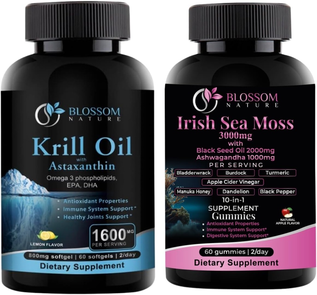 Antarctica Krill Oil 1600mg met Astaxanthine 2mg en Irish Sea Moss Gummies 3000mg met Black Seed Oil en Ashwagandha 2000mg