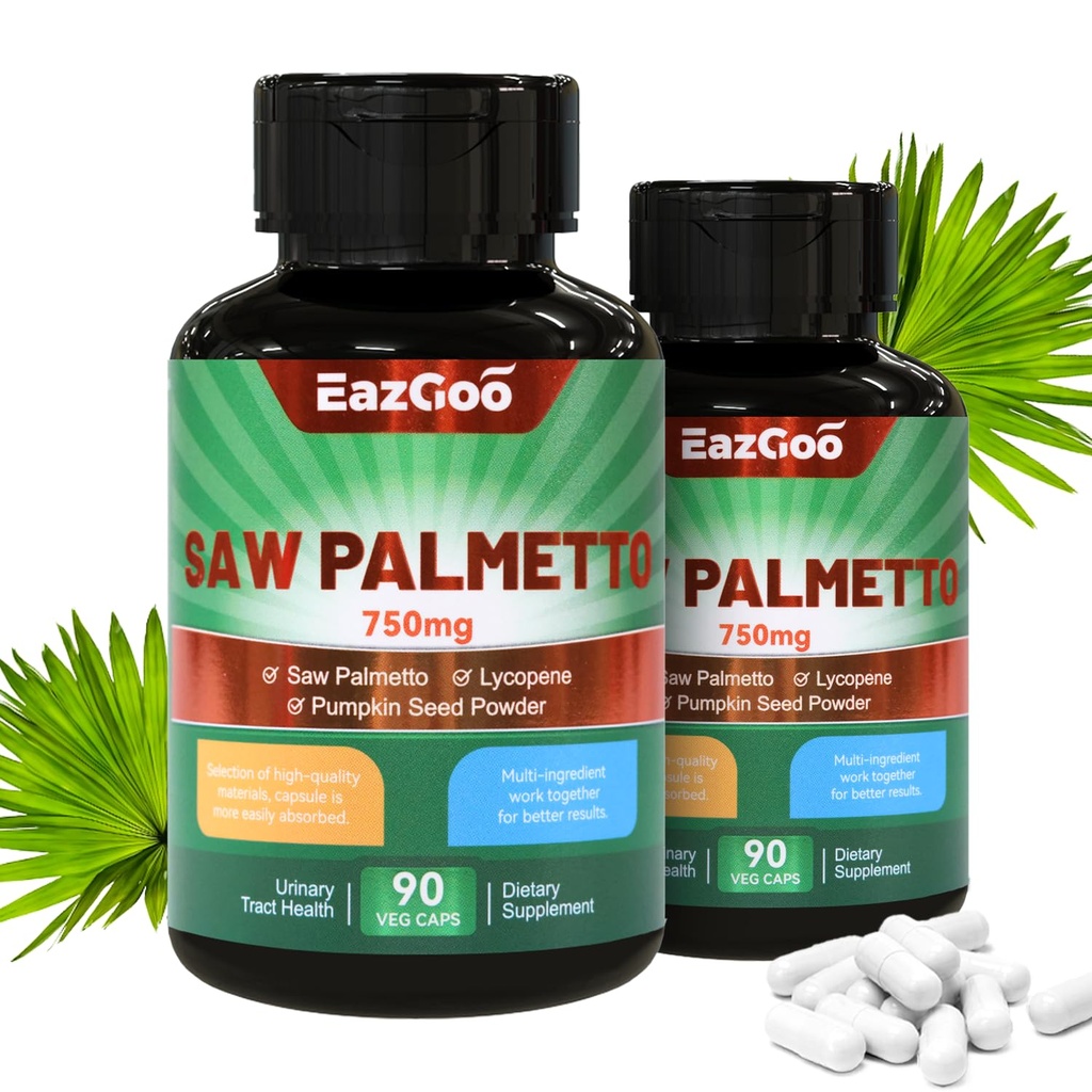 Saw Palmetto Supplément, Saw Palmetto Extract 750mg, avec Lycopène, poudre de graines de citrouille, pour les hommes et les femmes, non-OGM et gluten, végétalien, 90 capsules de comptage (paquet de 2)
