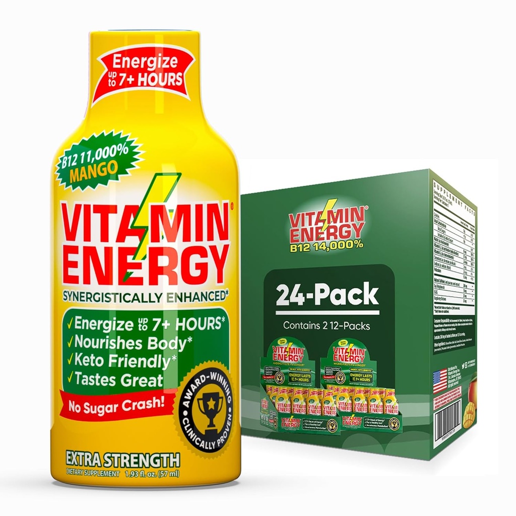 Vitamine Energie B12 11.000% Extra sterkte Energie Shot Mango 24 Pack, 260mg Natural Cafeine, B12 & B6, Nootrope Focus, Vitality, Zero Sugar, Gluten-Free, Vegan, Kosher, 1,93 fl oz