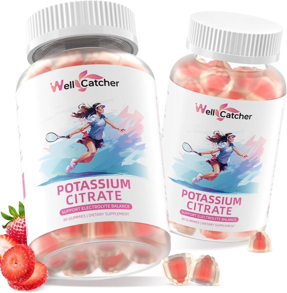 Kalium citraat Gummies voor Volwassenen Mannen Vrouwen - Hoge Kalium Supplement 500 MG Suiker Gratis ondersteuning Electrolyte Balance Leg Cramps Vegan Non-GMO Biologische Aardbei Smaak 2 Packs