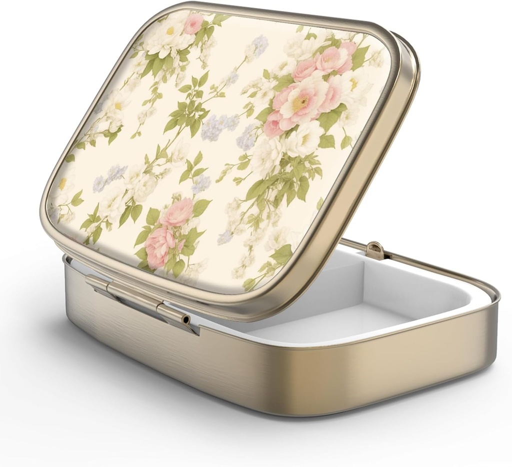 Pill Case Pill Box met Mirror Retro 2 Compartiment Small Pill Case voor Purse of Pocket Bronze Rechthoekige Pill Box of Vitaminen, Visolie, Supplementen, Pill Bevat reizen Gifts(Vintage Floral)