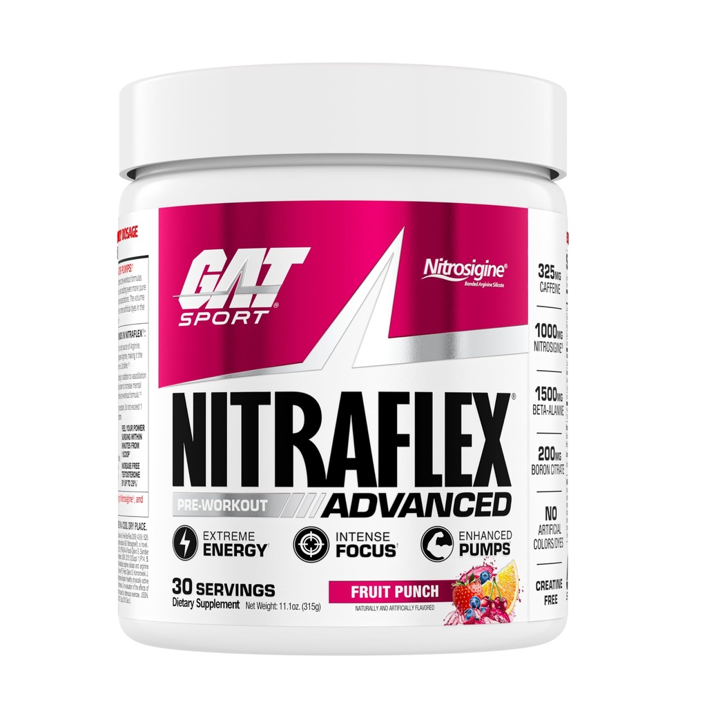 GAT SPORT Nitraflex Advanced Pre-Workout Powder, verhoogt de bloedstroom, verhoogt de kracht en energie, verbetert de oefening prestaties, mannen & vrouwen (Fruit Punch, 30 porties)