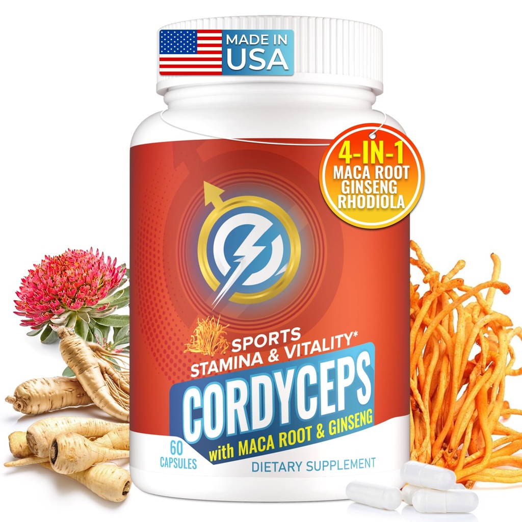 Cordyceps Mushroom Capsules - Immune & Energy Support Supplement with Cordyceps Militaris, Maca Root, Ginseng, Rhodiola, Mushroom Supplement for Endurance, Stamina, Athletic Performance, 60 Capsules