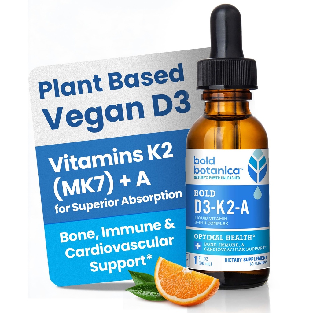 Bold Botanica D3-K2-A, Liquid Vitamin Complex, Vegan D3 van biologische algen met vitamine K2 (MK7) en A voor Immune Support, natuurlijke sinaasappelsmaak, smaakt heerlijk, 1 FL OZ. (30ml)