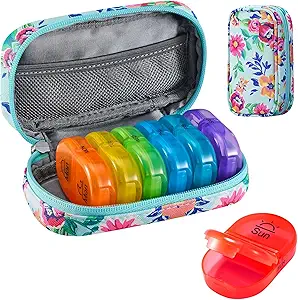 Serfeymi Weekly Pill Organizer 2 fois par jour AM PM Upgraded Rainbow Pill Box 7 Day with Portable Zipper Pill Case en cuir PU, Organisateur de médecine pour les pilules, les vitamines, les huiles de poisson - Green-01