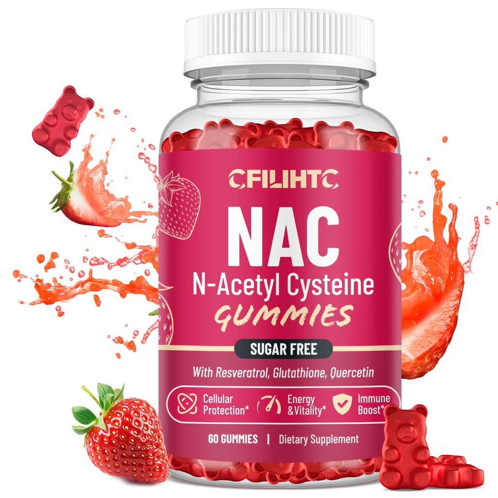 CFILIHTC NAC Gummies 600mg, N Acetyl Cysteine Supplement met Glutathion, Resveratrol, Magnesium, CoQ10, NAC Kauwbaar voor Antioxidanten & Immune Support, Aardbei smaak 60 Gummies
