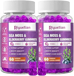 Mousse de mer et Gommies de mûres, Gummy aromatisé aux myrtilles, suppléments de mousse de mer vitaminés avec vitamine C + zinc et vinaigre de cidre de pomme, bonne texture, végan-friendly, 120 comte(paquet de 2)