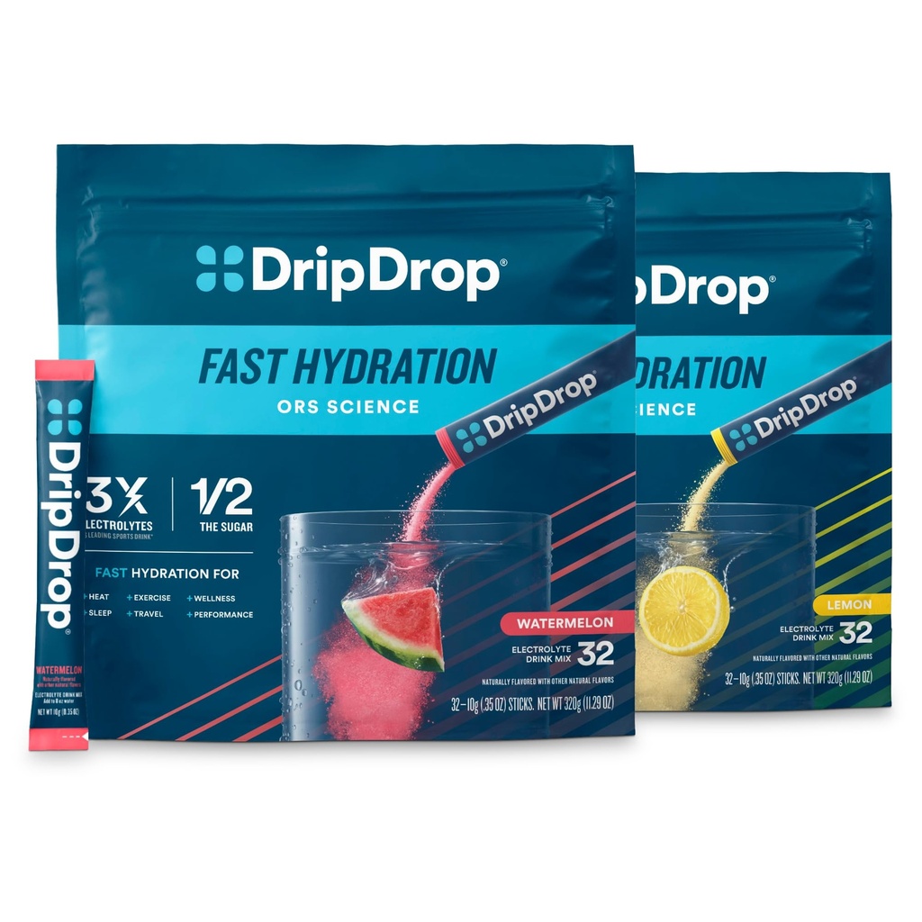 DripDrop Hydration - Electrolyte Powder Packets - Watermeloen & Lemon Bundle - 64 Tel.