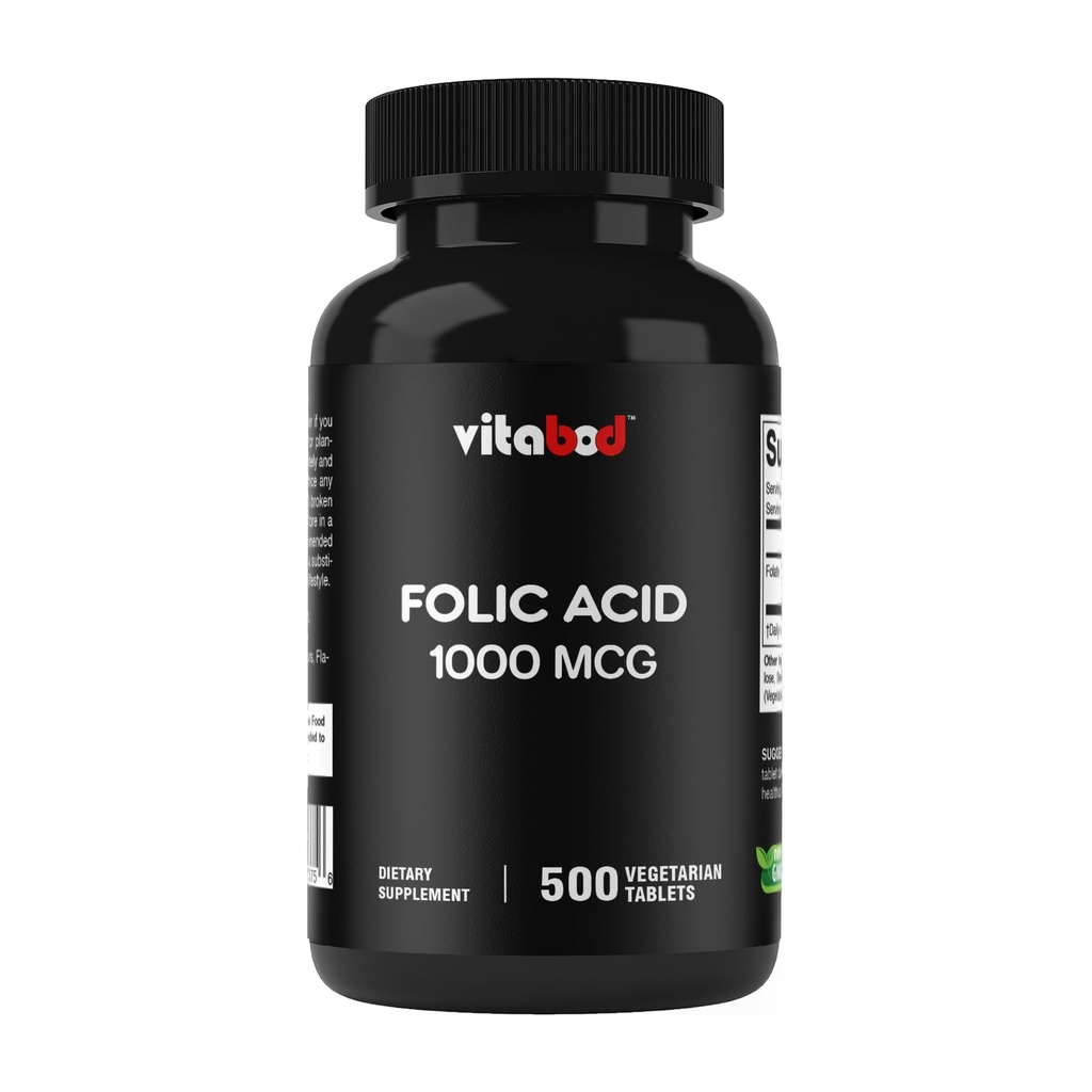 Foliumzuur 1 mg (1000 mcg) (Vitamine B9) - 500 Vegetarische tabletten - een essentiële prenatale en postnatale vitamine