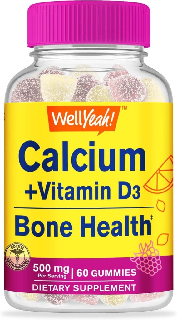 WellYeah Calcium 500mg + Vitamine D3 1000 IE (25 mcg) Gummies - Bone Health and Muscle Supprt, Immune Support Gummy, Non GMO, Glutenvrij, Mix Fruit Smaken - 60 Gummies