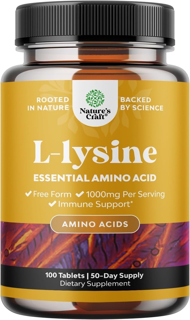 Natures Craft L-Lysine Free Form Capsules - Hoge sterkte L-Lysine Supplement voor Eye Health Lip Care Collagen Synthese en Immuun Ondersteuning - Essentiële Aminozuur - 1000 mg per portie - 100 Tellen