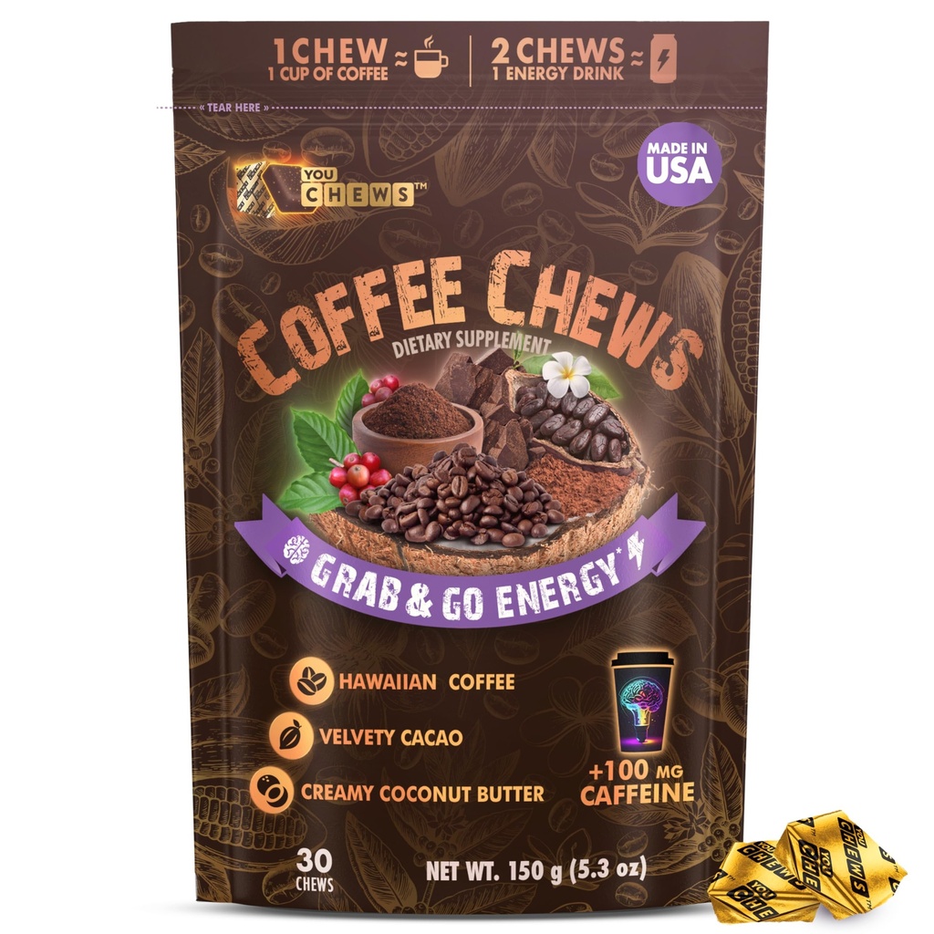 YouChews Coffee Chews - Grijp & Go Energy met 100mg per kauwgom van schone, groene cafeïne. Met echte biologische ingrediënten, lage suiker, grote vet smaak & lang aanhoudende energie Boost (30 Chews Pack)