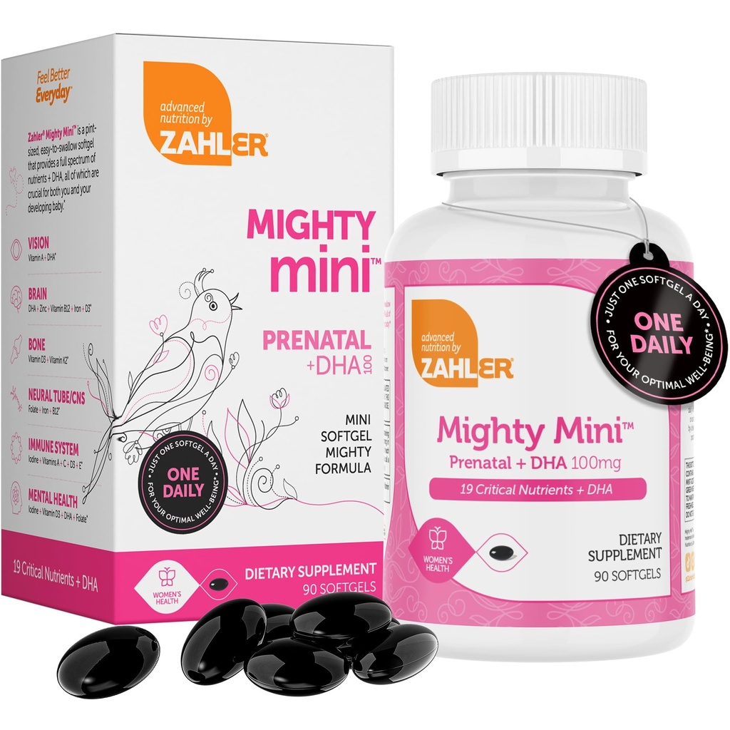 Zahler Mini vitamine prénatale avec DHA et folate - Certifié Kosher - Toutes les vitamines prénatales naturelles - Multivitamines pour femmes enceintes - 19 vitamines prénatales incluant l'acide folique (90 softgels)