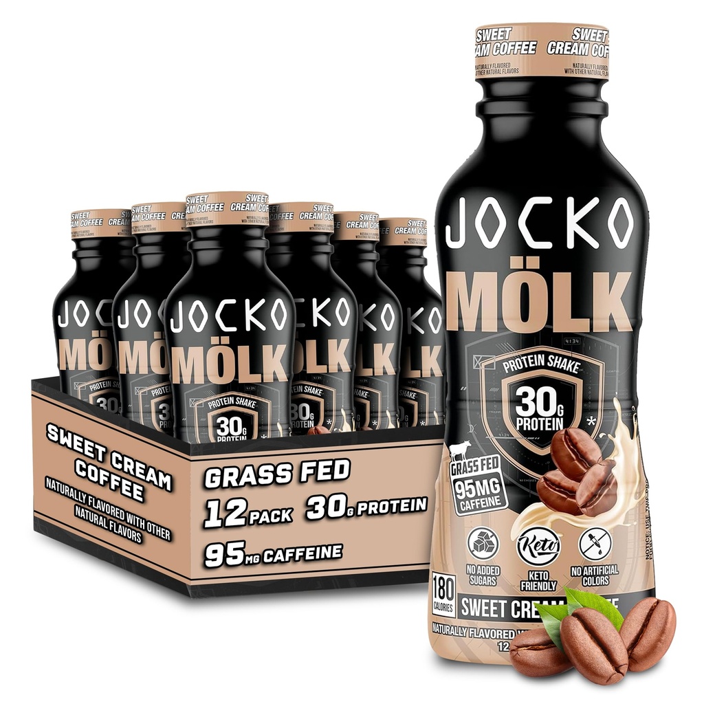 Jocko Fuel Mölk 30g Grass Fed Proteïne Shakes - Geen toegevoegde suiker Proteïne Dranken KETO vriendelijk - klaar om te drinken 12 FL Oz (pakket van 12) Zoete Cream Koffie