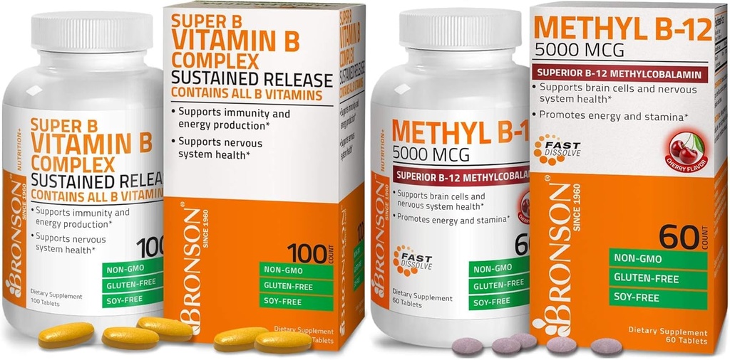 Bronson Methyl B12 5000 mcg Vitamine B12 Methylcobalamine Lozenges + Super B Vitamine B Complex Sustained Slow Release