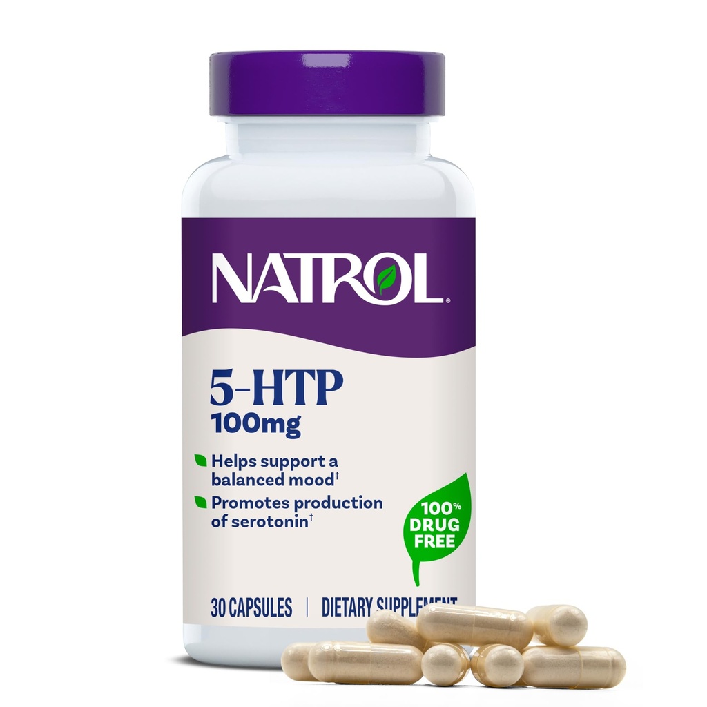 Natrol Mood + Stress 5-HTP 100 mg, complément alimentaire pour une humeur équilibrée, capsules pour adultes, 30 capsules, jusqu'à 30 jours