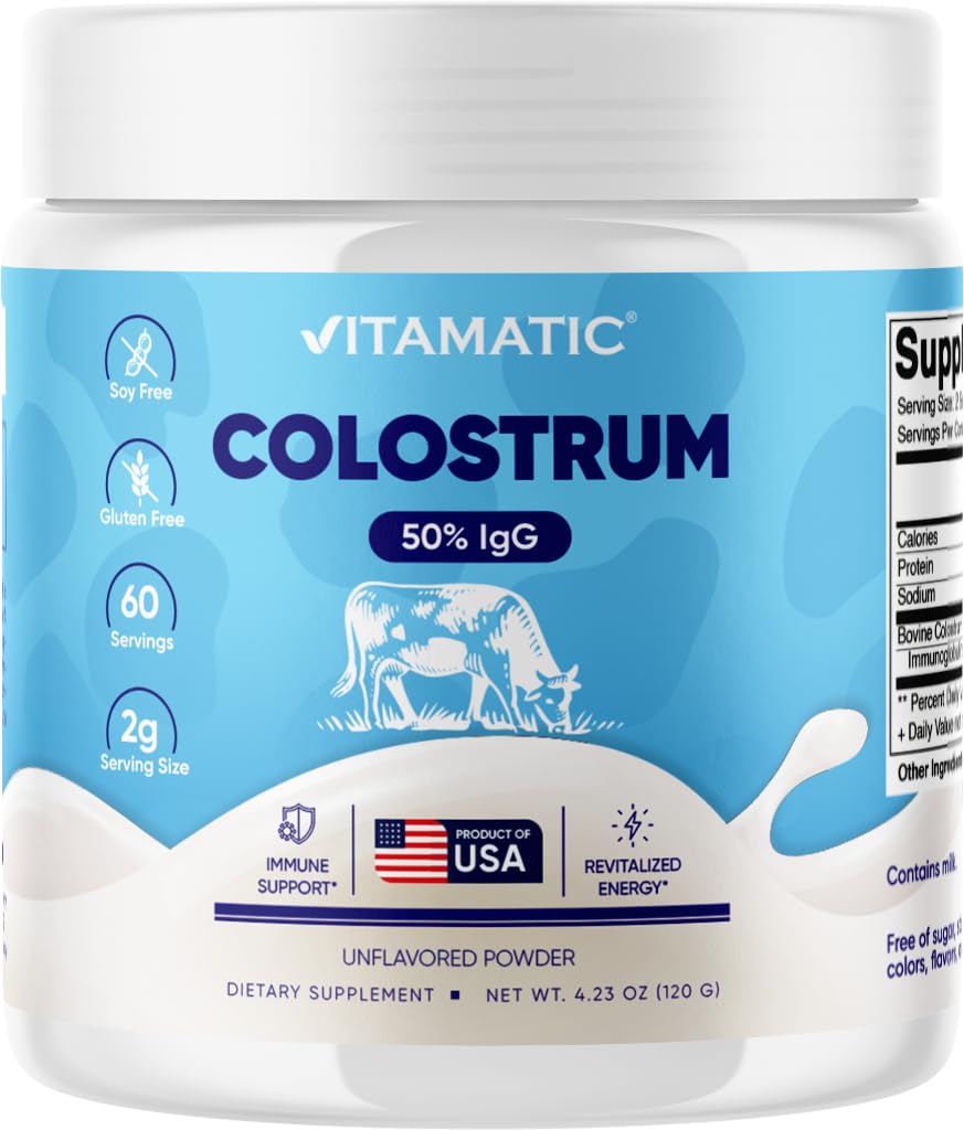 Poudre de colostrum bovin vitamatique - 50% plus élevé IgG -120 Gram - Supplément pour la santé de Gut, la croissance des cheveux, la beauté, la récupération musculaire, et le soutien immunitaire - Facile à mélanger - Non aromatisé - 60 portions