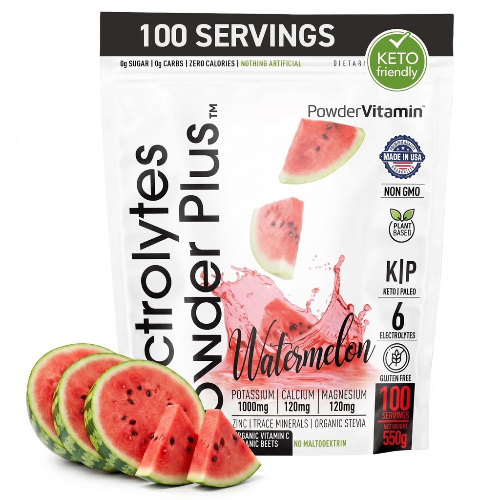PoederVitamine Elektrolyten Poeder Plus (100 porties) Watermeloen Electrolyte Poeder, Zero Calorie, Keto, 0 Suiker, Geen Maltodextrine,1000mg Kalium,120mg Calcium,120mg Magnesium, Energie Hydratatie Powde