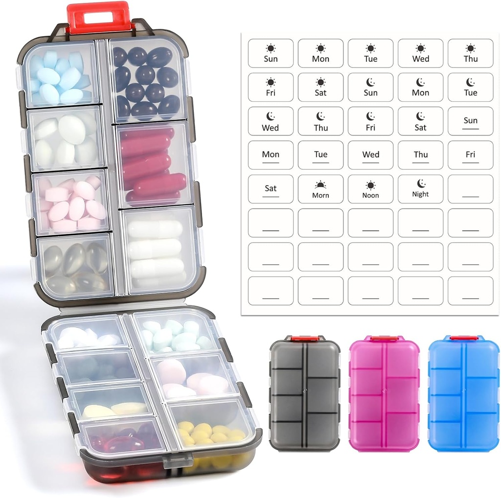 3 Pack 14 GRIDS Travel Pill Organizer Box met Labels - Reizen Medicine Case Kit - Pocket Daily Pharmacy Container - Travel Medication Holder Dispenser voor Visolie Vitamine Supplement Opslag - Clear